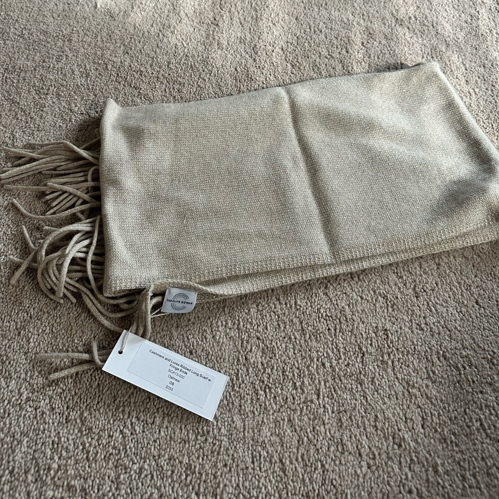 Carolyn Rowan Cashmere and Lurex Ribbed Long Scarf w. Fringe Ends - Oatmeal